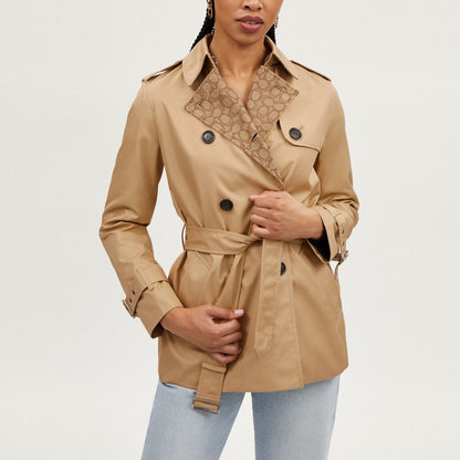 Coach Signature Lapel Short Trench Classic Khaki
