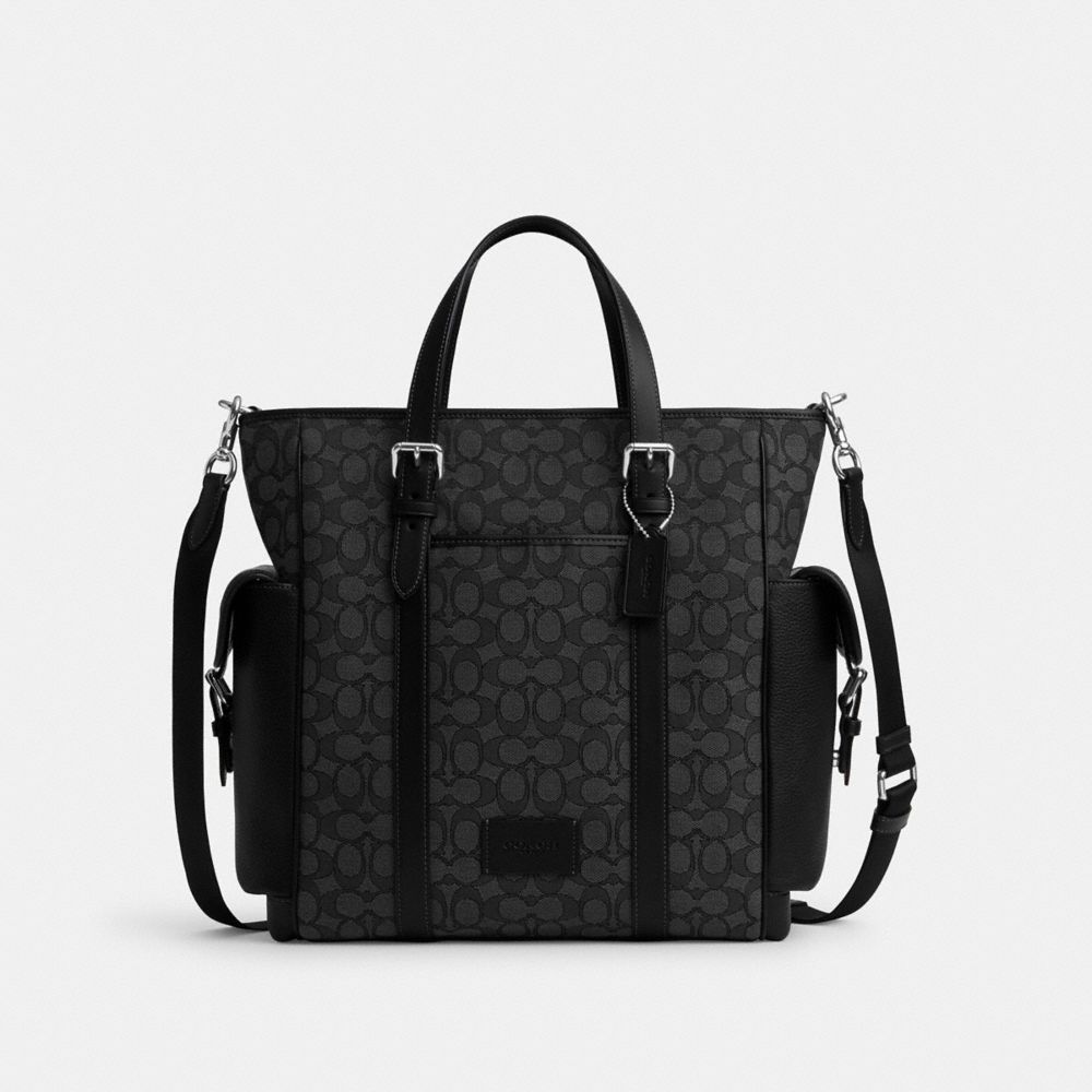 Coach Sprint Tote In Signature Jacquard Silver Charcoal Black