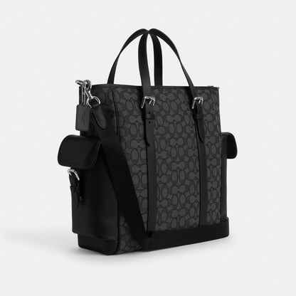 Coach Sprint Tote In Signature Jacquard Silver Charcoal Black