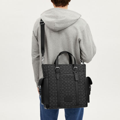 Coach Sprint Tote In Signature Jacquard Silver Charcoal Black