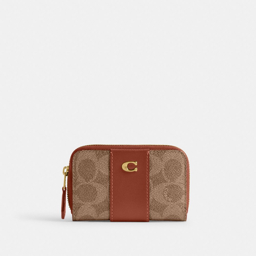 Coach Essential Small Zip Around Card Case In Signature Canvas Brass/Tan Caramel