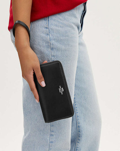 Long Zip Around Wallet Calf Leather-Silver-Black Calf Leather-Silver-Black