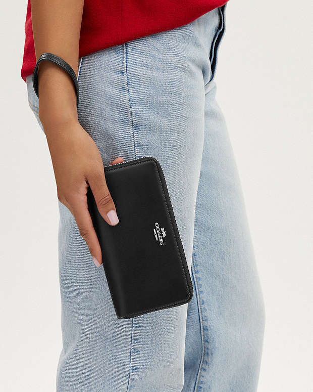 Long Zip Around Wallet Calf Leather-Silver-Black Calf Leather-Silver-Black