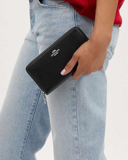 Long Zip Around Wallet Calf Leather-Silver-Black Calf Leather-Silver-Black