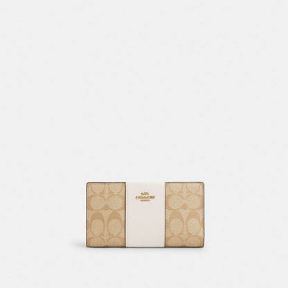 Coach Slim Zip Wallet In Signature Canvas With Stripe Gold Light Khaki Chalk Lt Saddle