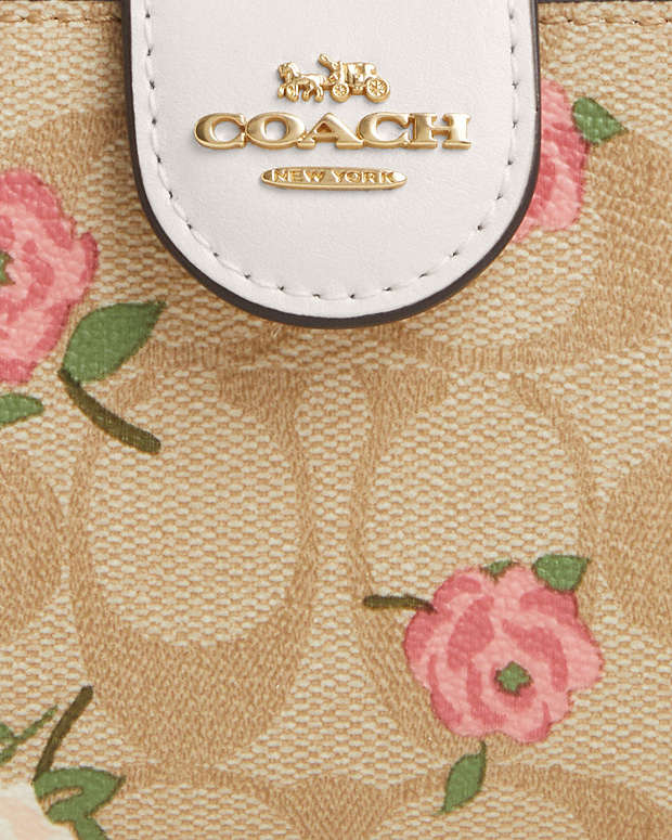 Medium Corner Zip Wallet In Signature Canvas With Floral Print Signature Canvas-Gold-Light Khaki Chalk Multi Signature Canvas-Gold-Light Khaki Chalk Multi