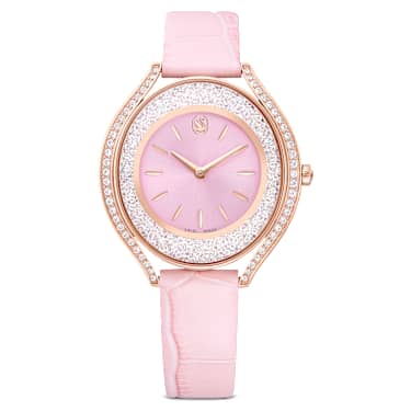 Swarovski Crystalline Aura Watch Swiss Made Leather Strap Pink Rose Gold-Tone Finish SW5730150