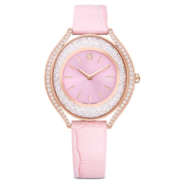 Swarovski Crystalline Aura Watch Swiss Made Leather Strap Pink Rose Gold-Tone Finish SW5730150