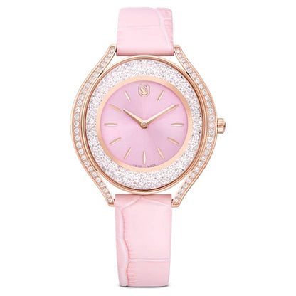 Swarovski Crystalline Aura Watch Swiss Made Leather Strap Pink Rose Gold-Tone Finish SW5730150