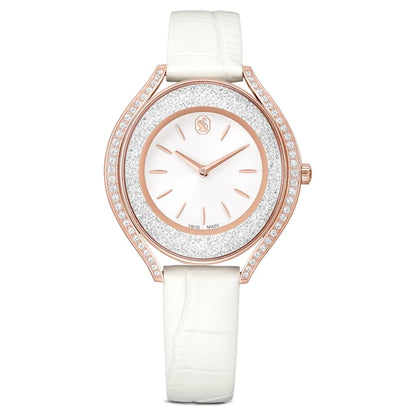 Swarovski Crystalline Aura Watch Swiss Made Leather Strap White Rose Gold-Tone Finish SW5730146