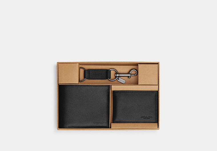 Boxed 3 In 1 Wallet Gift Set Pebbled Leather-Black Pebbled Leather-Black