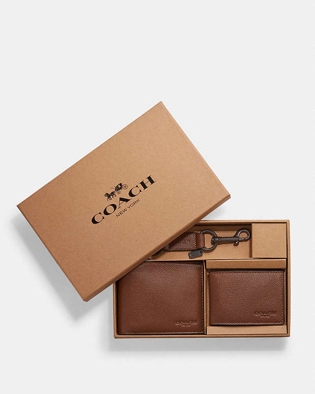 Boxed 3 In 1 Wallet Gift Set Pebbled Leather-Dark Saddle Pebbled Leather-Dark Saddle