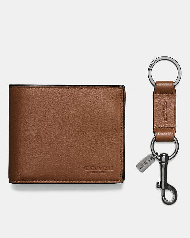 Boxed 3 In 1 Wallet Gift Set Pebbled Leather-Dark Saddle Pebbled Leather-Dark Saddle