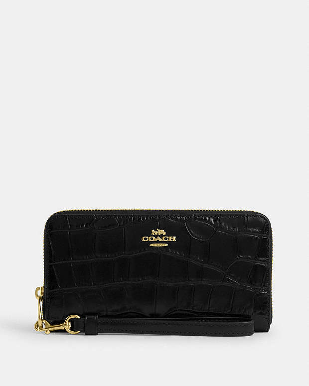 Long Zip Around Wallet Embossed Crocodile-Gold-Black Embossed Crocodile-Gold-Black