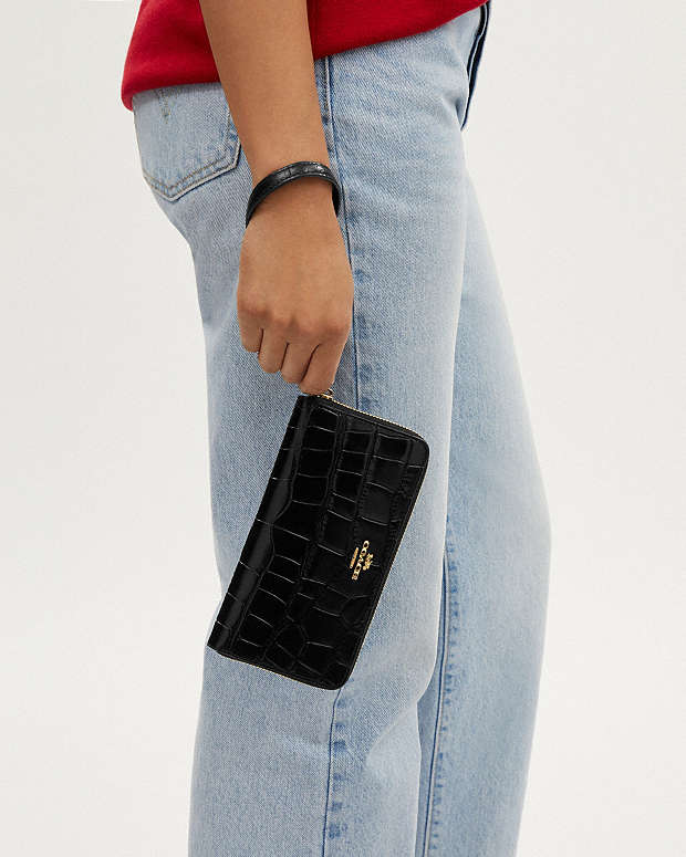 Long Zip Around Wallet Embossed Crocodile-Gold-Black Embossed Crocodile-Gold-Black
