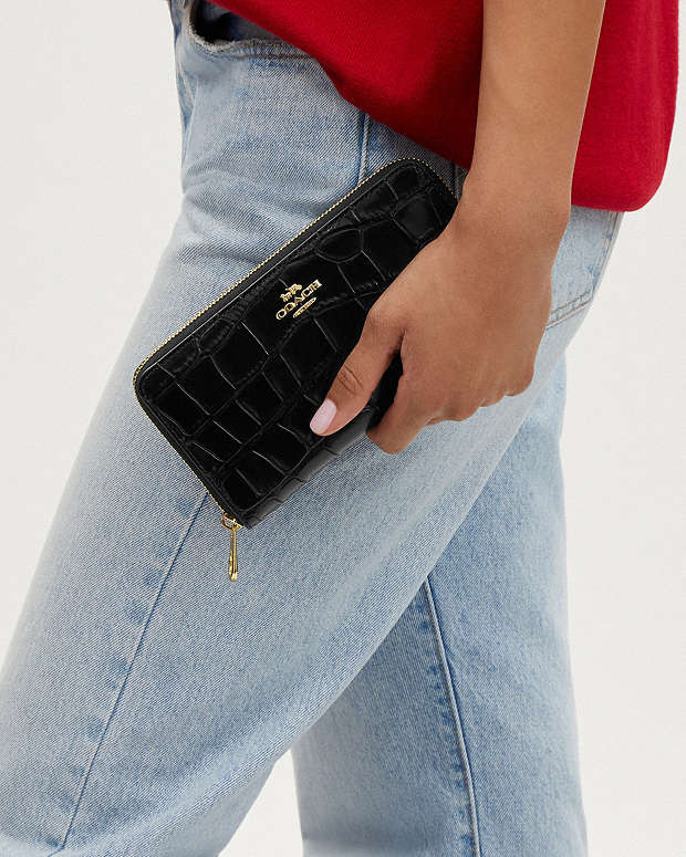 Long Zip Around Wallet Embossed Crocodile-Gold-Black Embossed Crocodile-Gold-Black