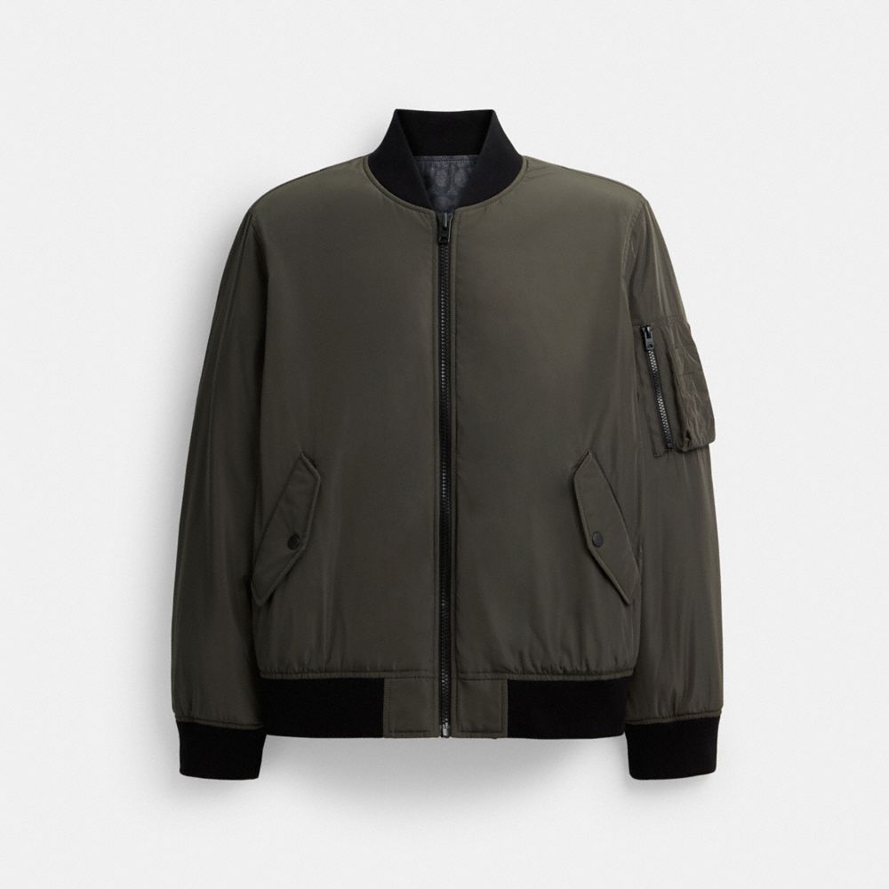 Coach Reversible Bomber Jacket In Recycled Polyester Olive Charcoal Signature