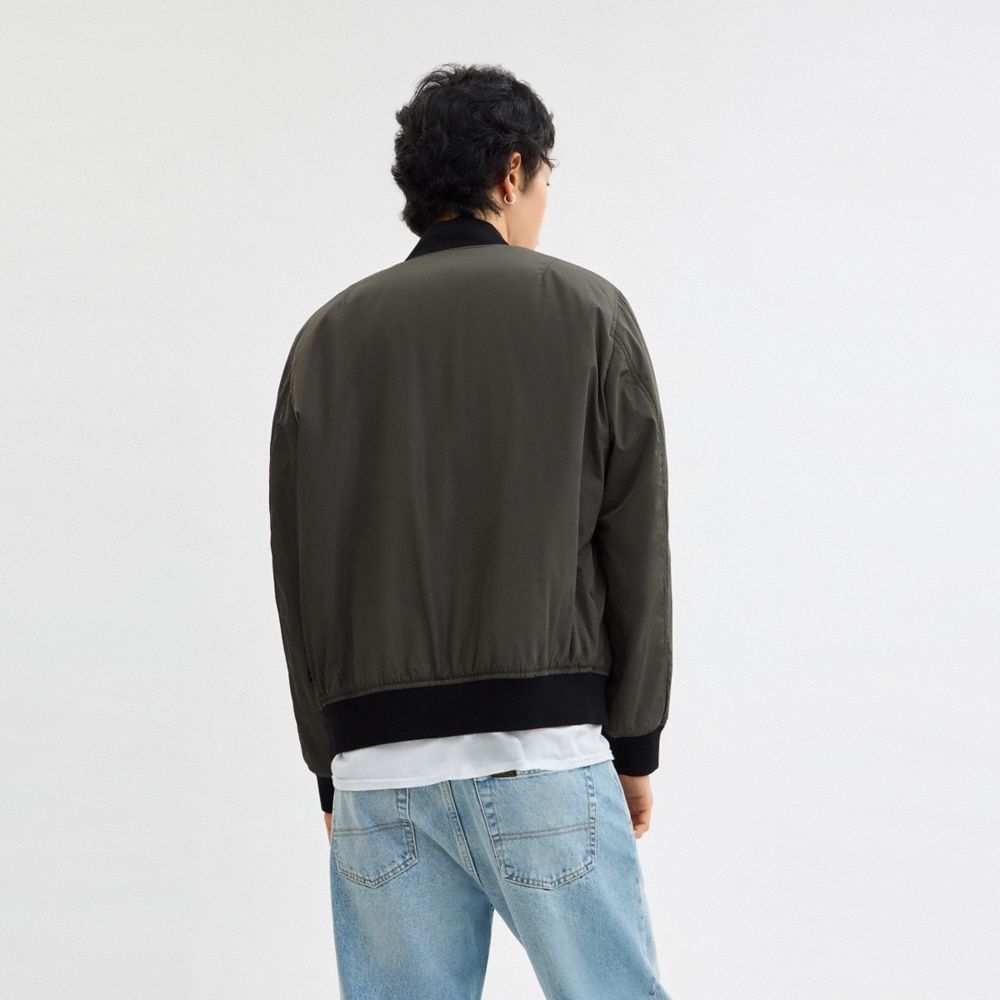 Coach Reversible Bomber Jacket In Recycled Polyester Olive Charcoal Signature