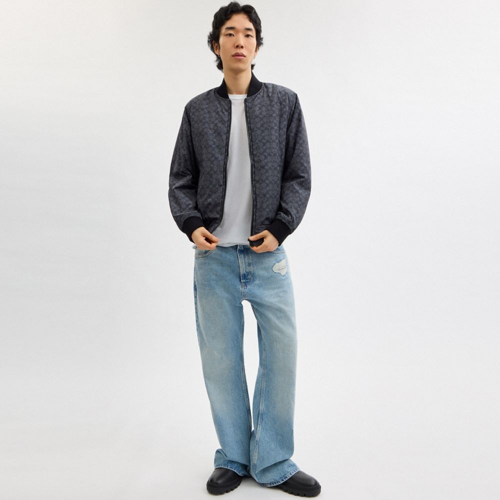 Coach Reversible Bomber Jacket In Recycled Polyester Olive Charcoal Signature