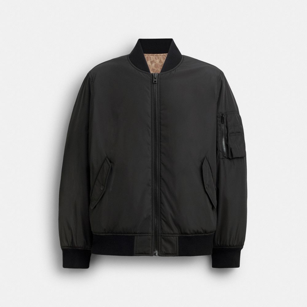 Coach Reversible Bomber Jacket In Recycled Polyester Black Khaki Sig