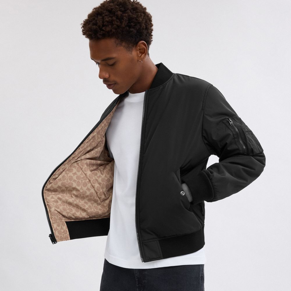 Coach Reversible Bomber Jacket In Recycled Polyester Black Khaki Sig