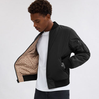 Coach Reversible Bomber Jacket In Recycled Polyester Black Khaki Sig