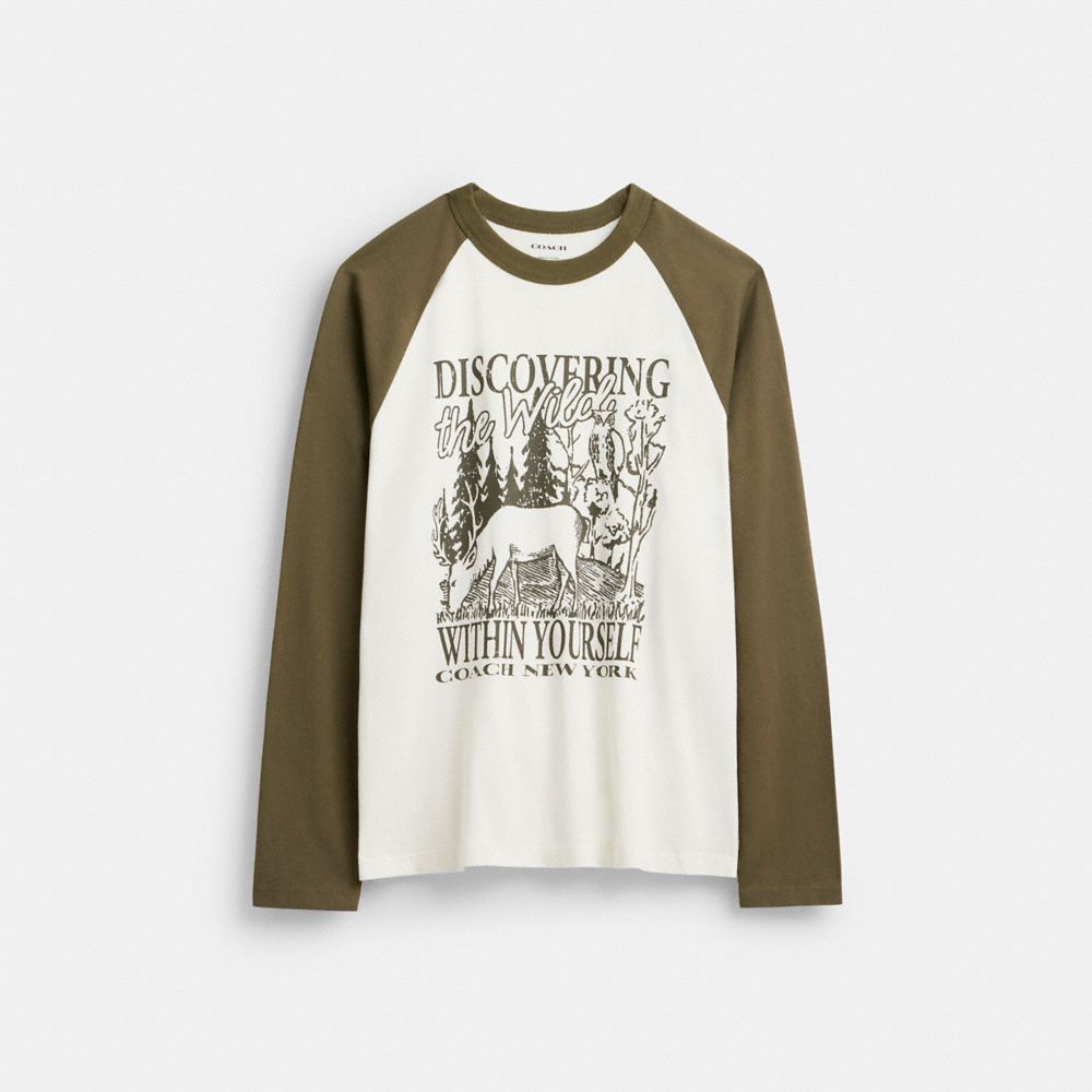 Coach Wild Raglan Crewneck Long Sleeve T Shirt In Organic Cotton Cream Multicolor