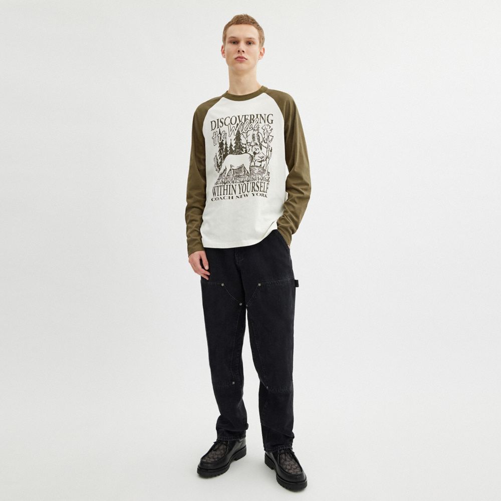 Coach Wild Raglan Crewneck Long Sleeve T Shirt In Organic Cotton Cream Multicolor