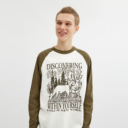 Coach Wild Raglan Crewneck Long Sleeve T Shirt In Organic Cotton Cream Multicolor