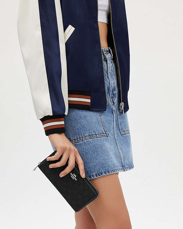 Long Zip Around Wallet In Signature Jacquard Non Leather-Silver-Black Non Leather-Silver-Black