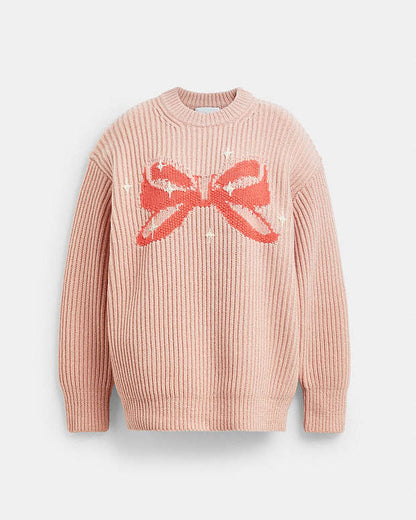 Crewneck Bow Sweater In Recycled Wool Pink Pink