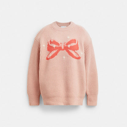 Coach Crewneck Bow Sweater In Recycled Wool Pink
