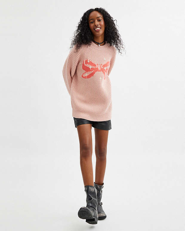 Crewneck Bow Sweater In Recycled Wool Pink Pink
