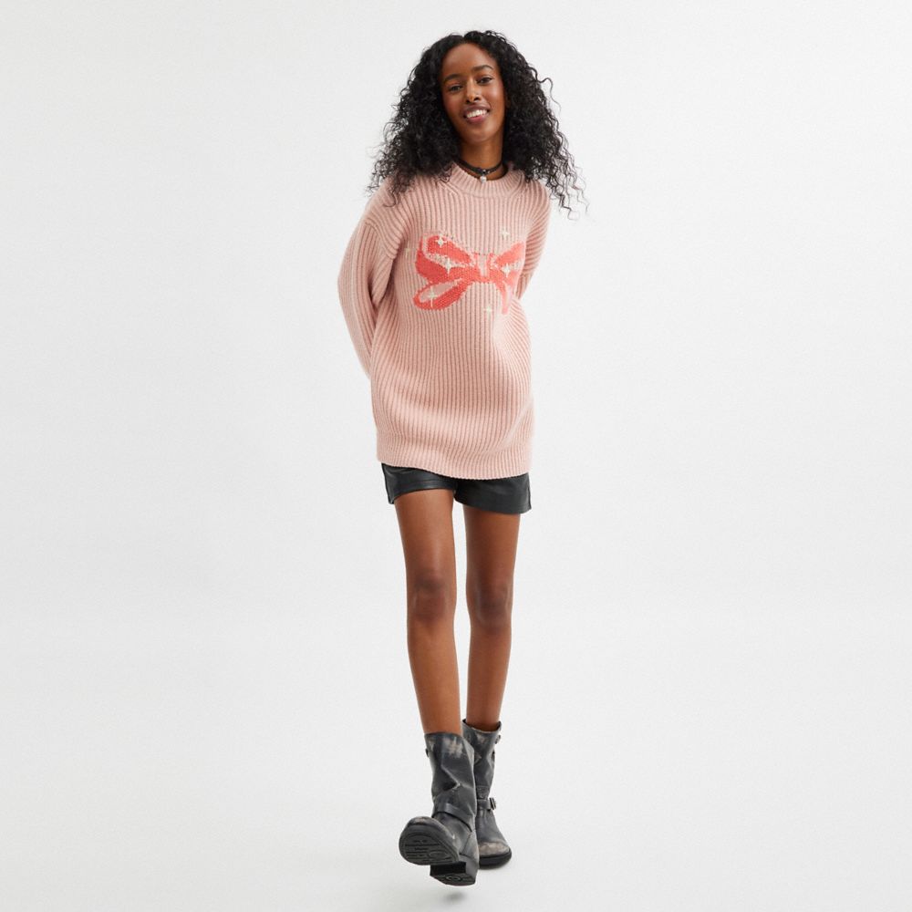 Coach Crewneck Bow Sweater In Recycled Wool Pink
