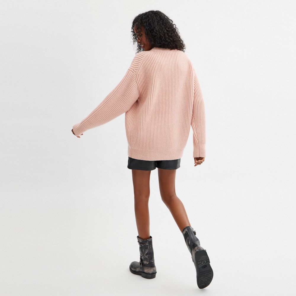 Coach Crewneck Bow Sweater In Recycled Wool Pink