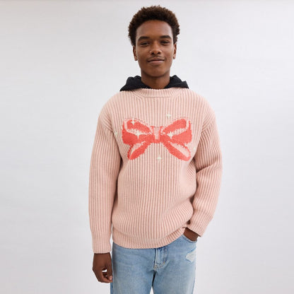 Coach Crewneck Bow Sweater In Recycled Wool Pink