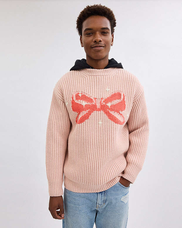 Crewneck Bow Sweater In Recycled Wool Pink Pink