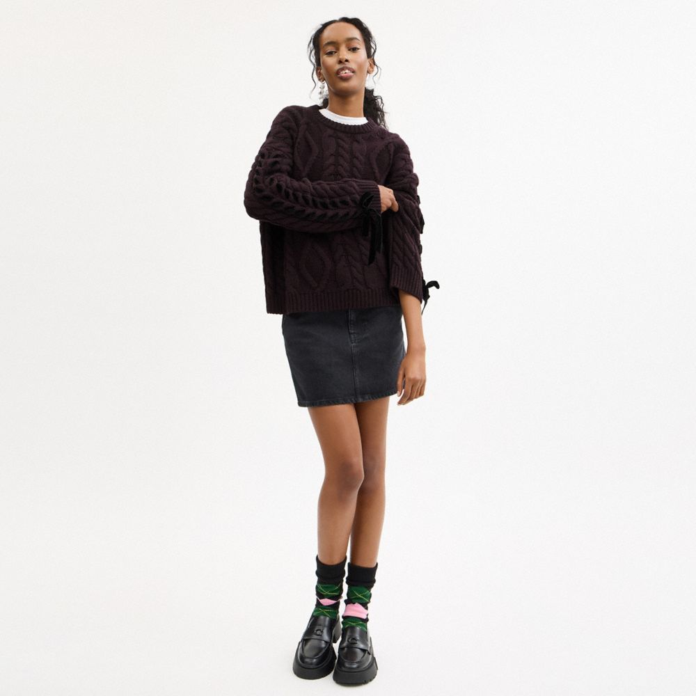 Coach Cable Knit Bow Sweater Burgundy