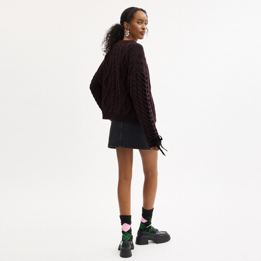 Coach Cable Knit Bow Sweater Burgundy