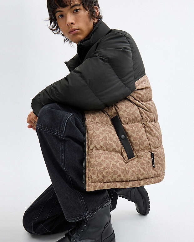 Signature Down Jacket In Recycled Polyester Tan Signature Tan Signature