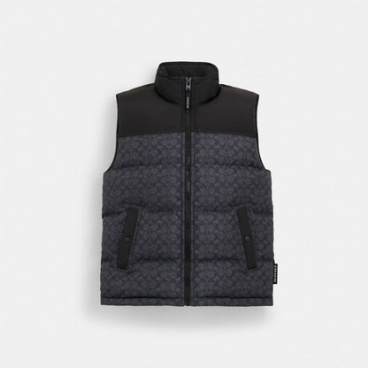Coach Signature Down Vest In Recycled Polyester Charcoal Signature