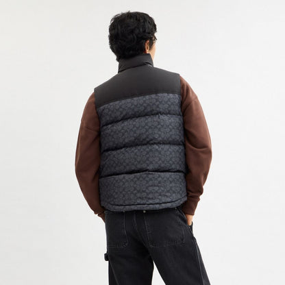 Coach Signature Down Vest In Recycled Polyester Charcoal Signature