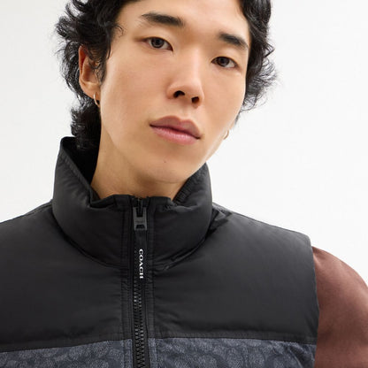 Coach Signature Down Vest In Recycled Polyester Charcoal Signature