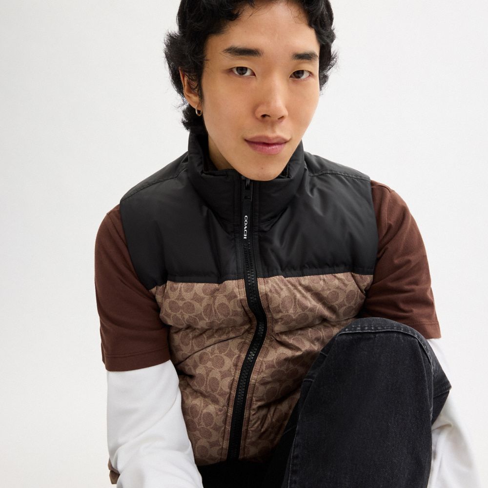 Coach Signature Down Vest In Recycled Polyester Tan Signature