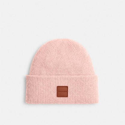 Coach Knit Beanie With Leather Patch Peach