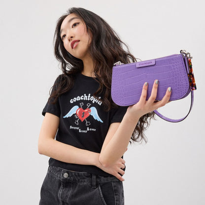 Coach Small Wavy Shoulder Bag In Croc Embossed Coachtopia Leather Iris
