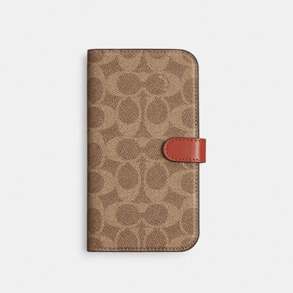 Coach Iphone 15 Folio In Signature Canvas Beige