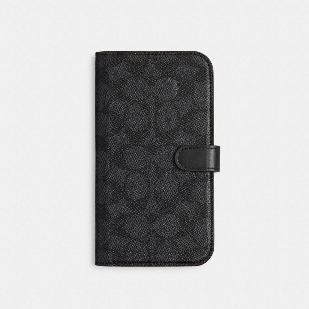 Coach Iphone 15 Pro Max Folio In Signature Canvas Charcoal