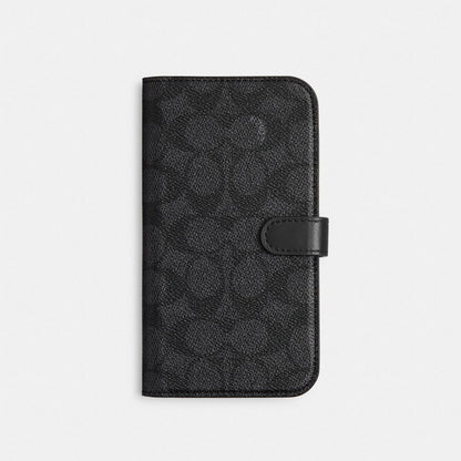 Coach Iphone 15 Folio In Signature Canvas Charcoal