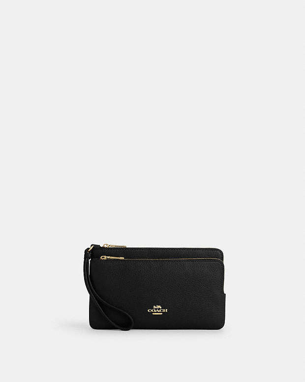 Double Zip Wallet Pebbled Leather-Gold-Black Pebbled Leather-Gold-Black
